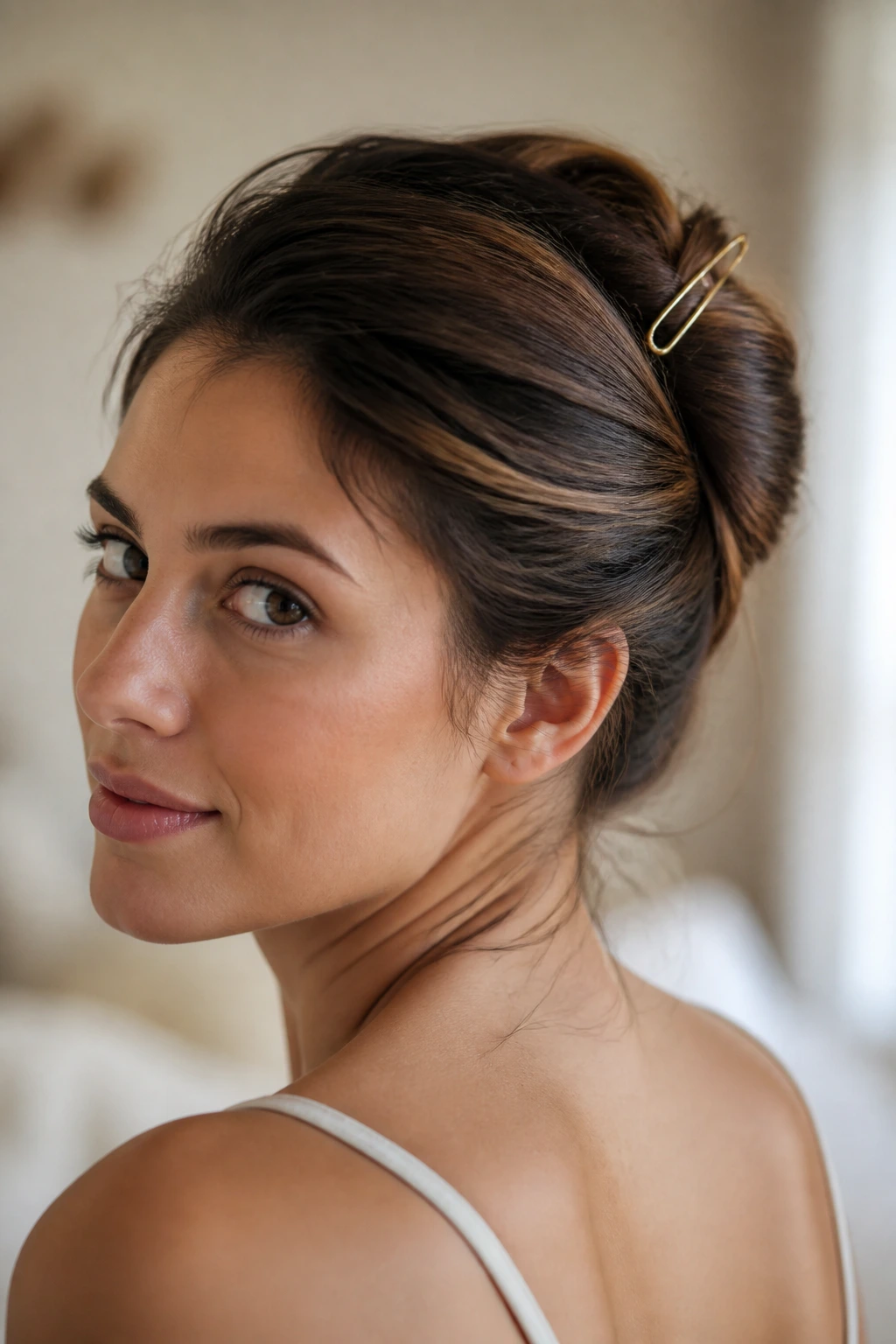Close-up of a real woman with a casual French twist secured by a hair pin in warm window light
