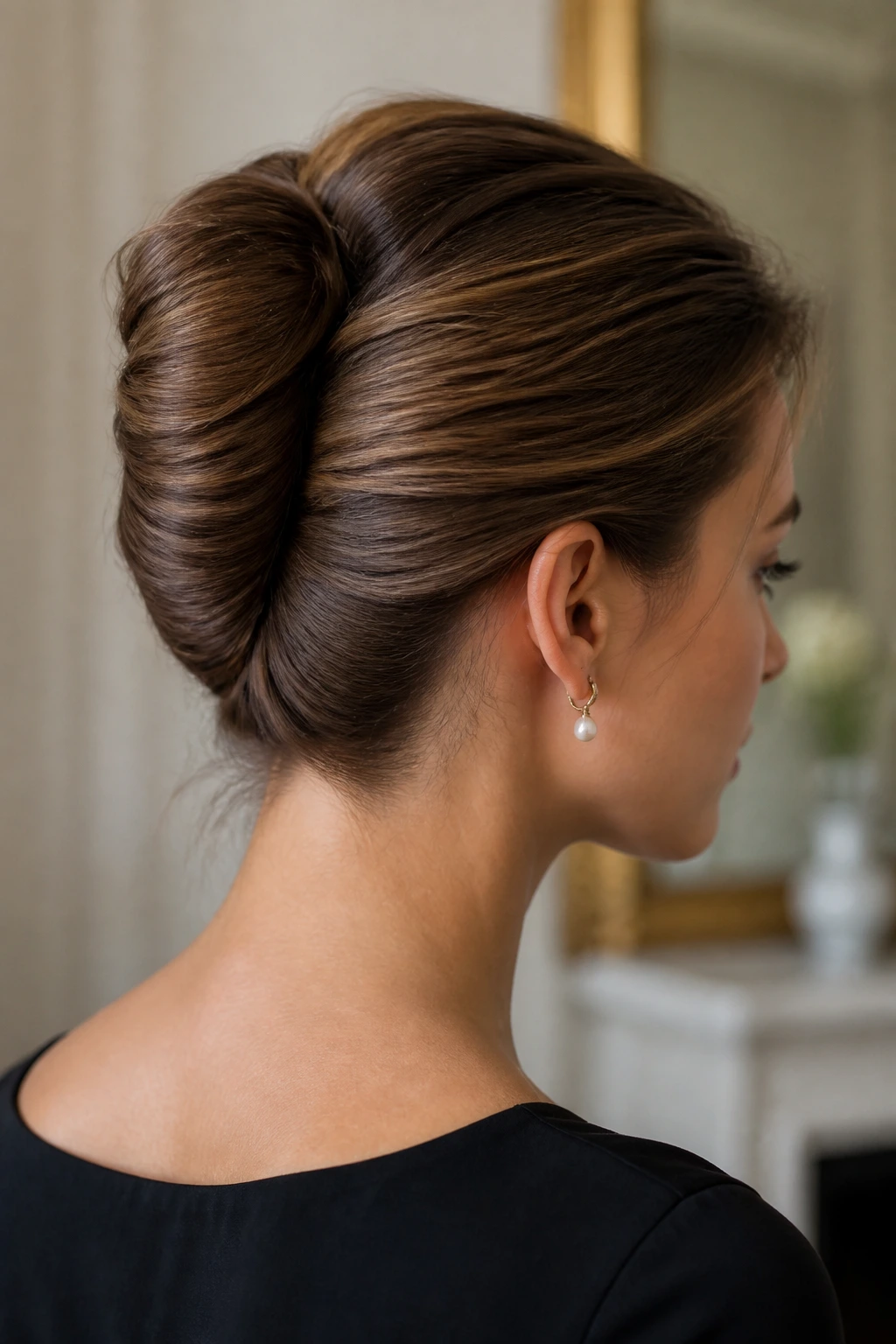 Close-up of a woman with a French twist hairstyle