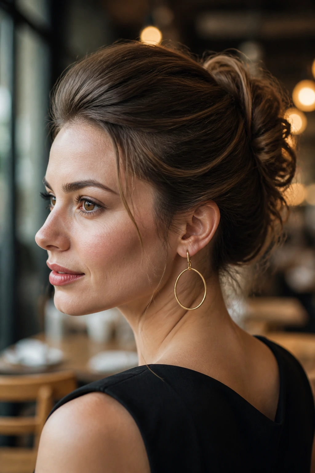 Close-up of a real woman with a French-twist hybrid hairstyle from a three-quarter view