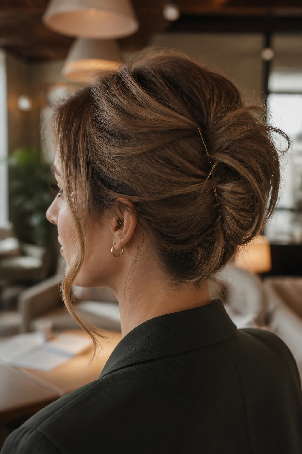 Portrait of a real woman with a loosened French twist in a warm office lounge