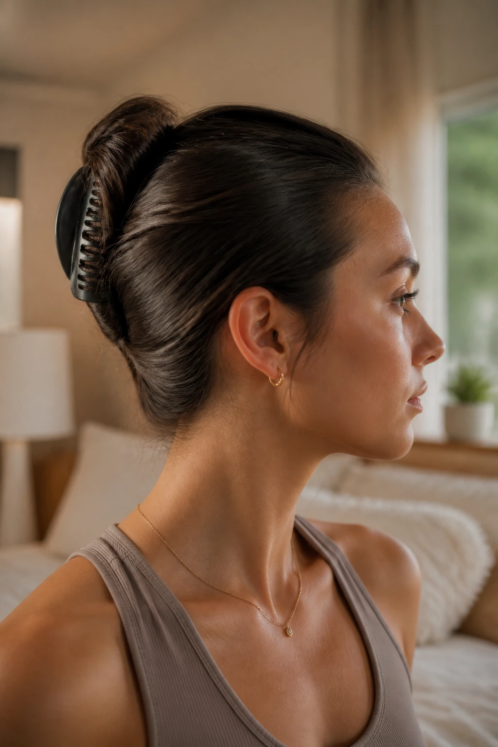 Close-up of a real person with a French twist secured by a matte grip slide