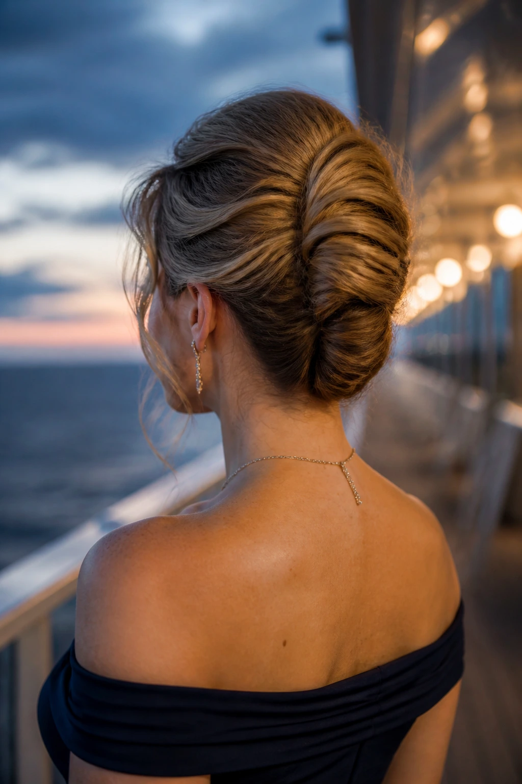 Rear three-quarter portrait of a woman with a French twist on a cruise deck at twilight.