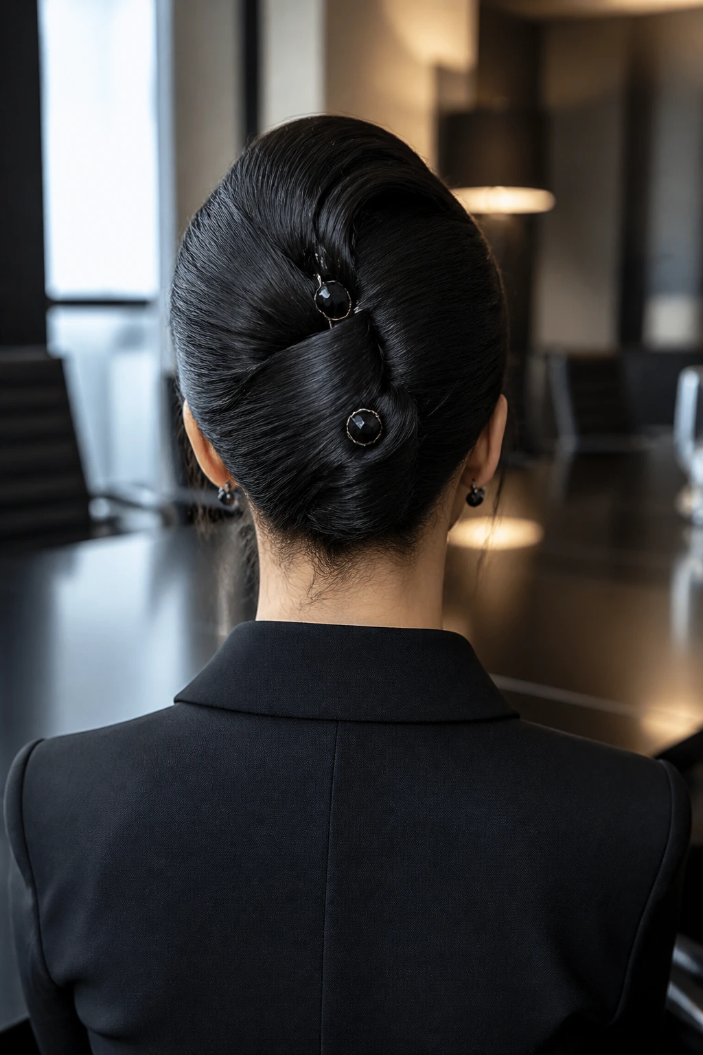 Back view of a real person wearing a sleek French twist in an office