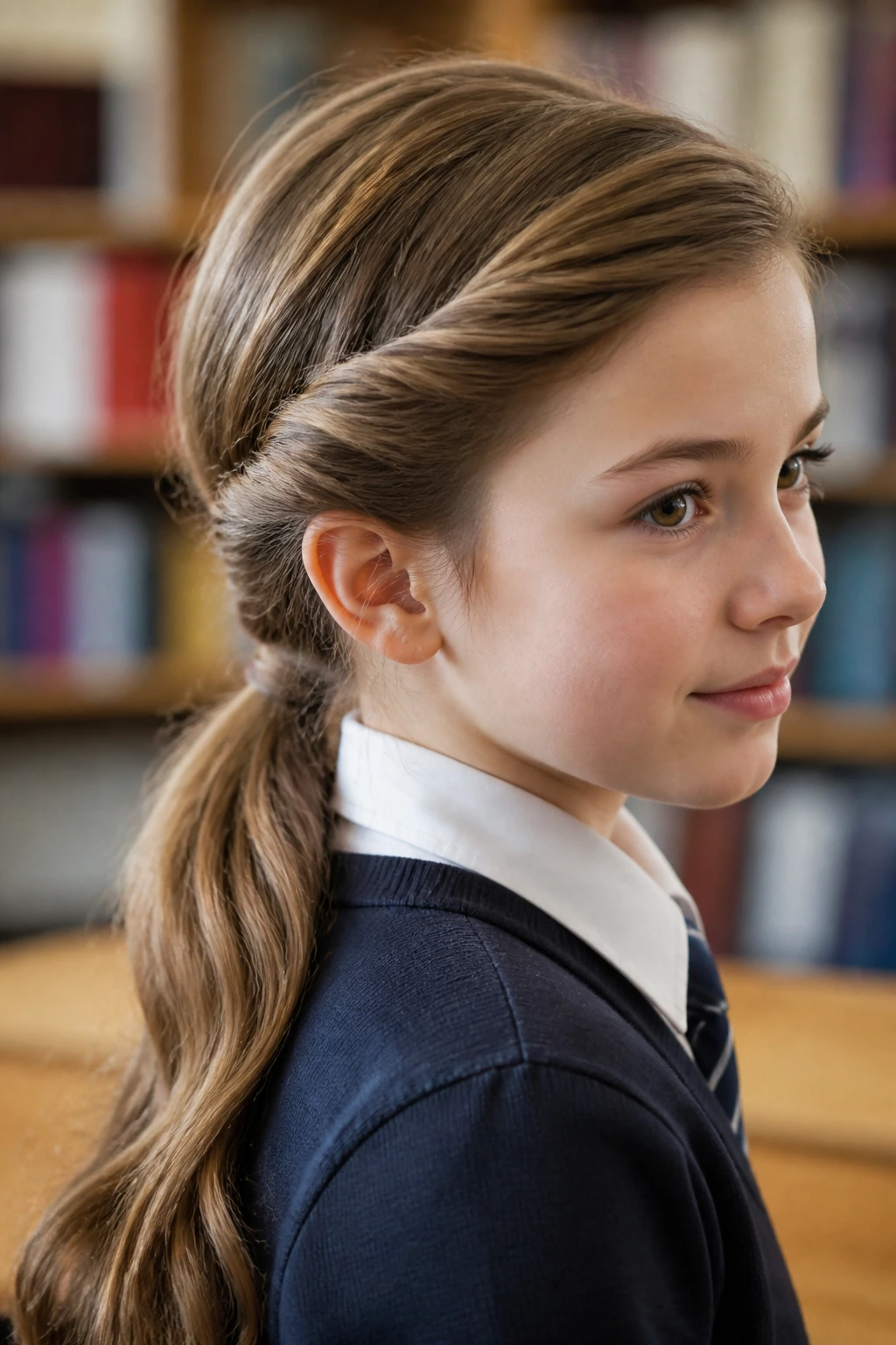 Close-up of a real girl with a French twist ponytail in a classroom setting