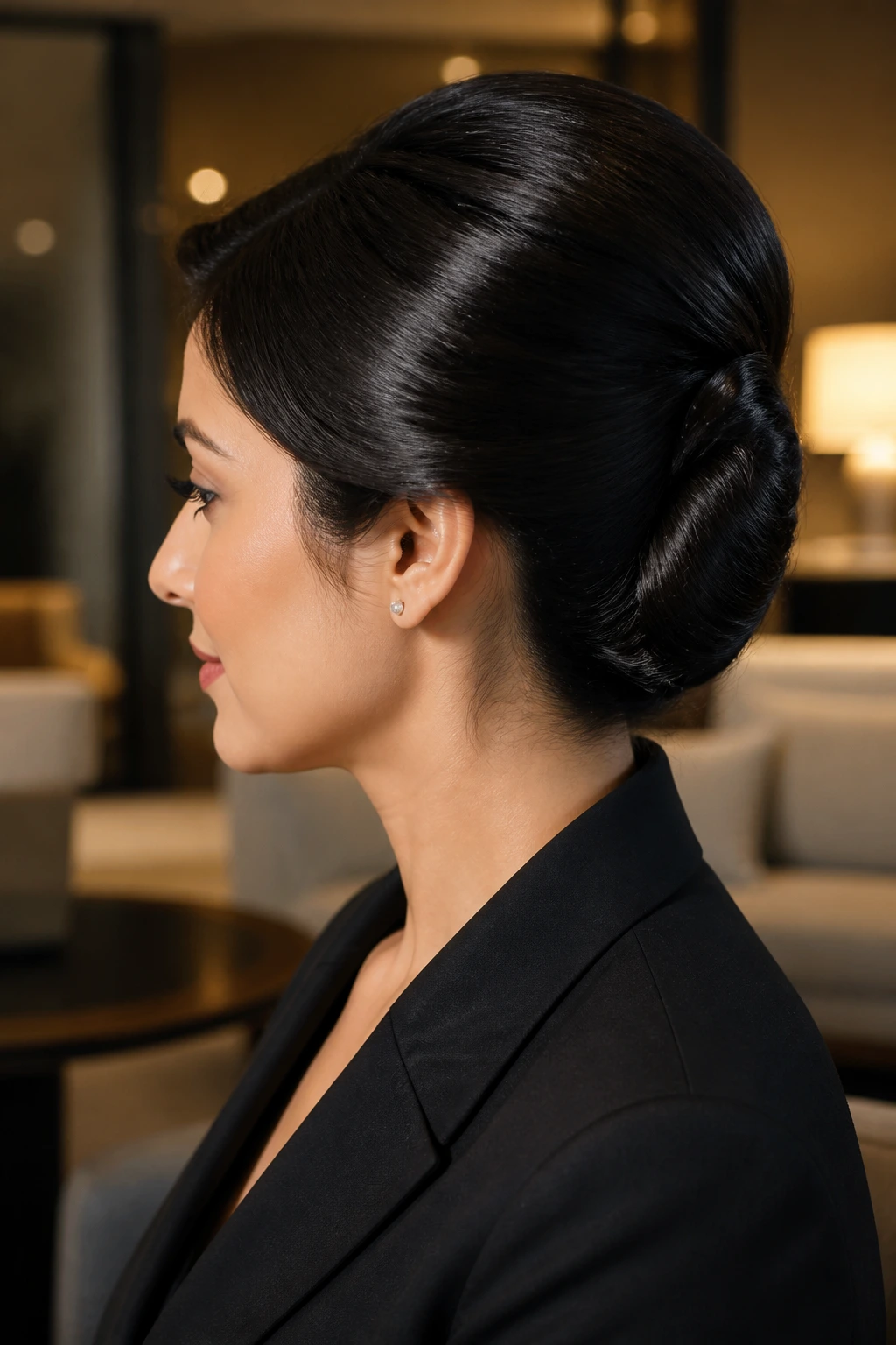Side profile of a real woman with a professional French twist in an office lounge