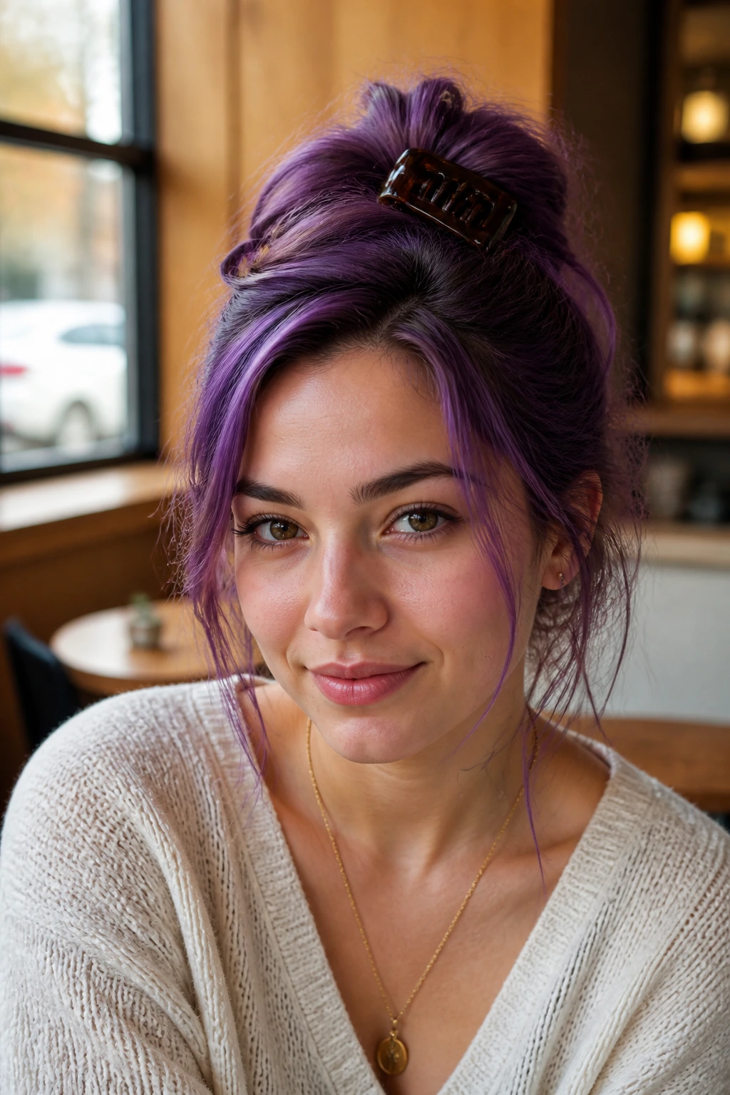 Close-up of a real person with a purple messy French twist secured by a claw clip in a sunny cafe