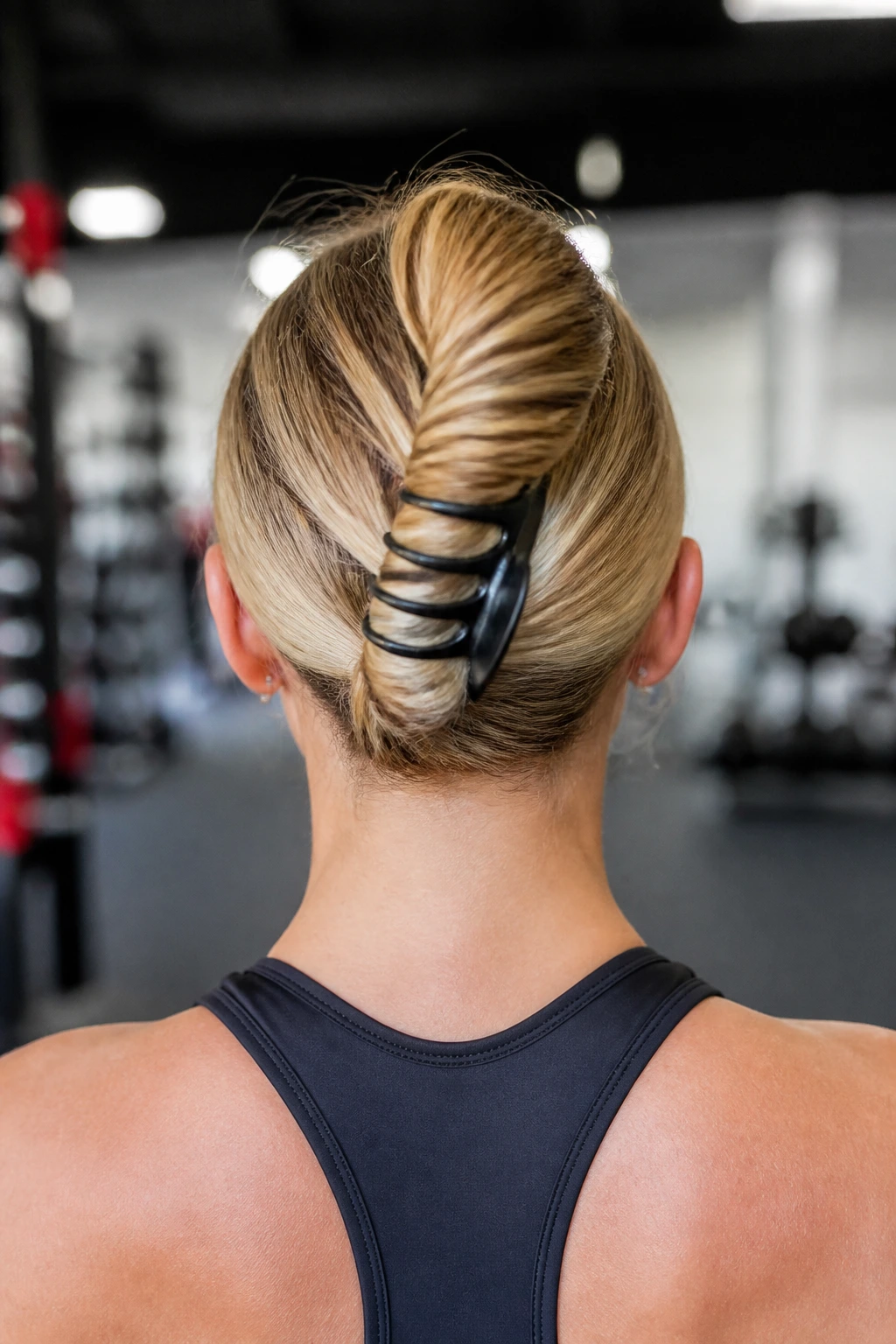 Back view of real person with French twist sport bun in gym setting