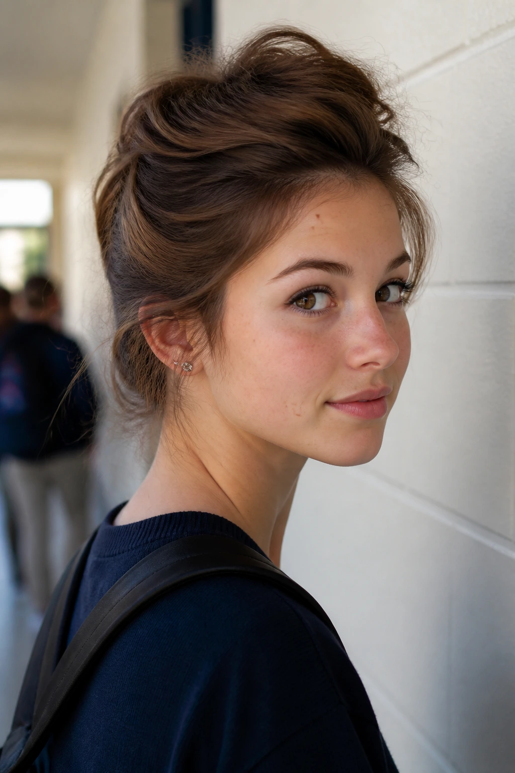 Close-up of a real student with a French twist hairstyle in a school setting