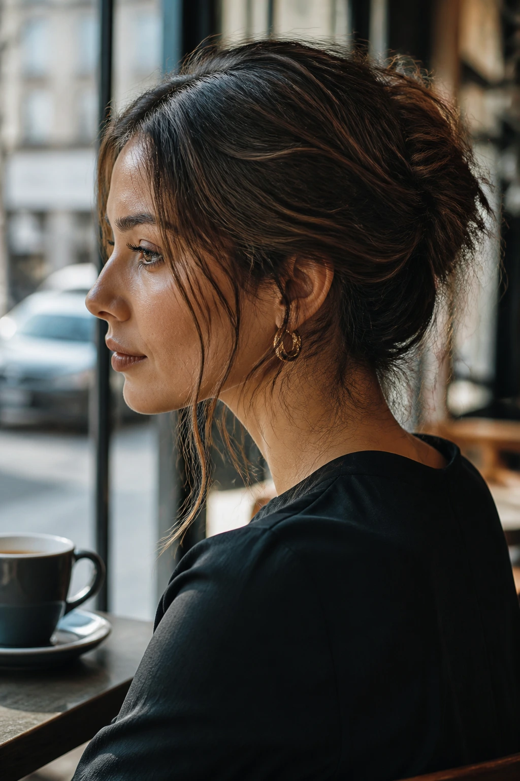 Close-up of a real woman with a loose textured French twist.