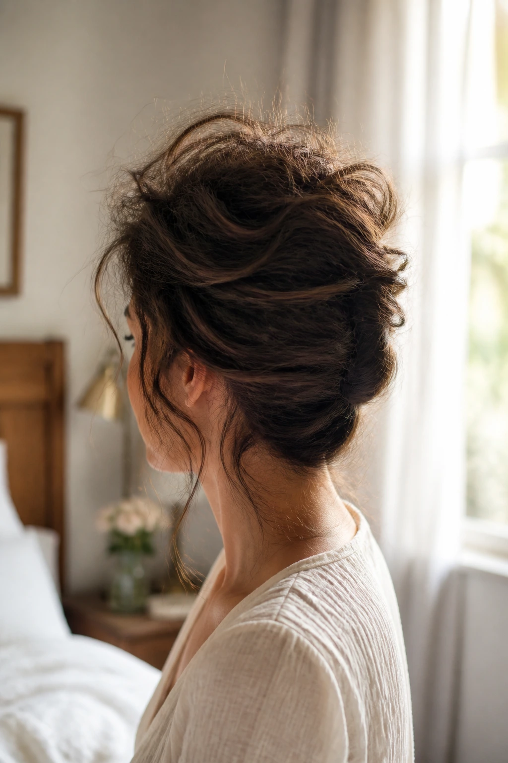Side view of a real woman with a loose textured French twist and wisps around the crown.