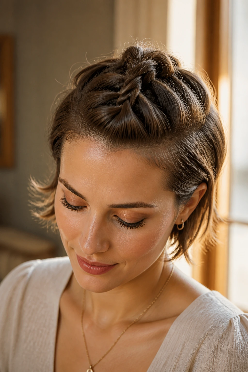 Close-up of The French-Twisted Braid on a real woman with a front braid and crown twist.