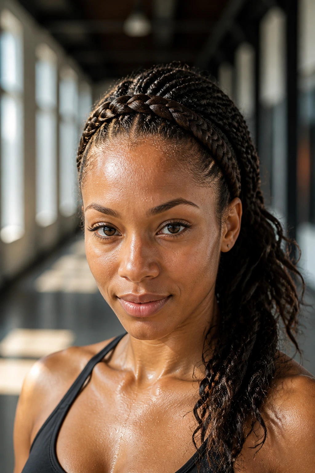 Close-up of a real woman wearing a French braid headband during a workout