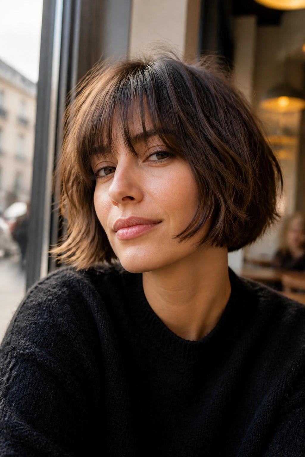 Close-up portrait of a real woman with a jaw-length French Girl Bob and bangs in warm cafe light.