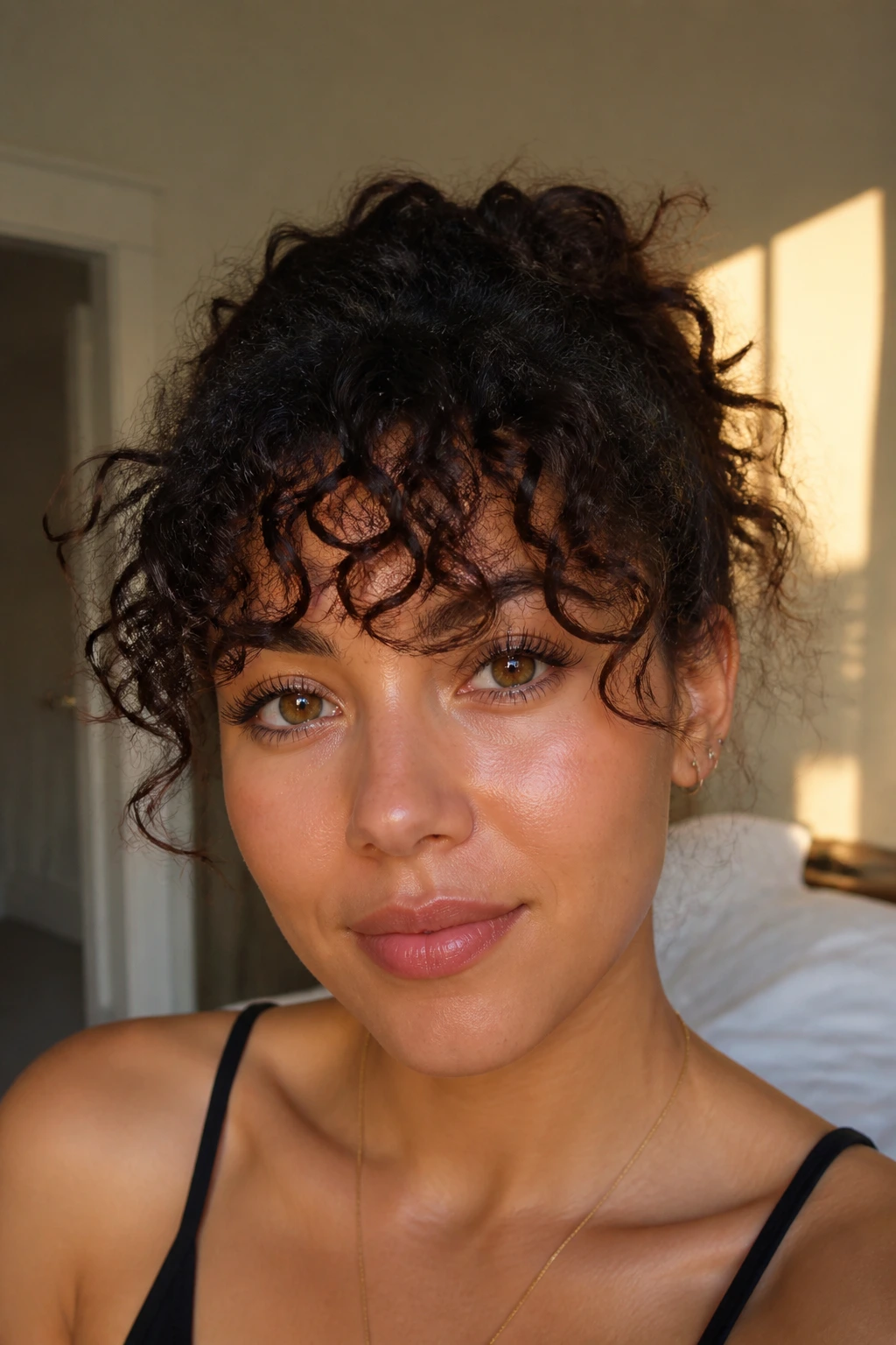 Close-up of a real person with curly fringe bangs
