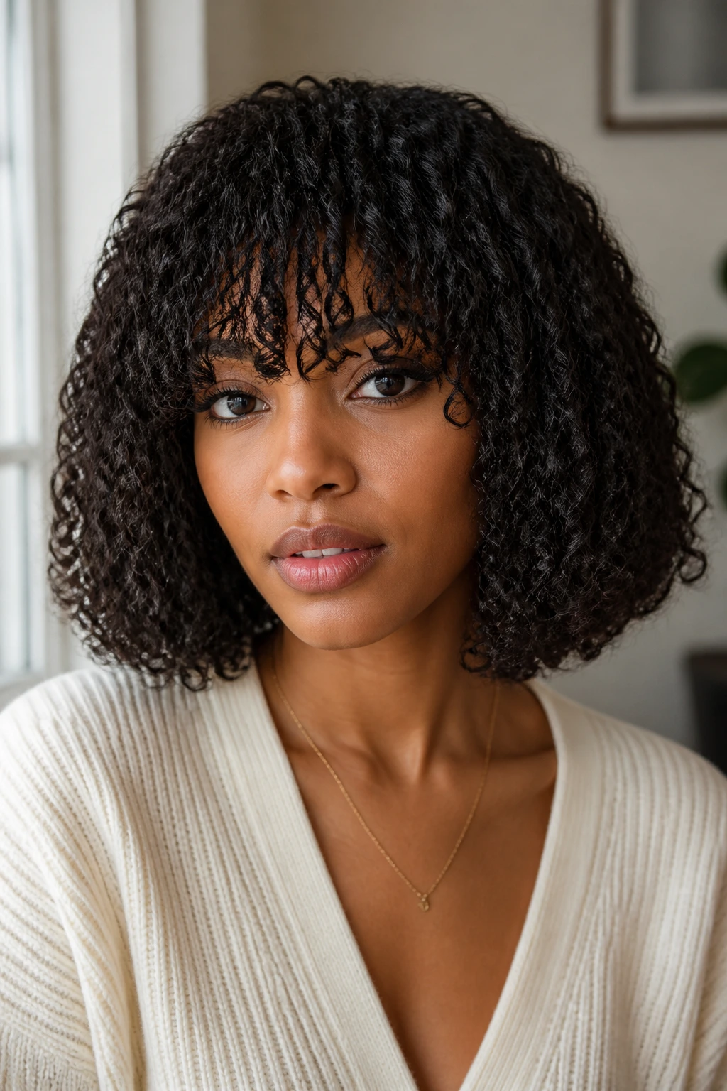 Close-up of a real woman with fringe-forward shoulder bob.