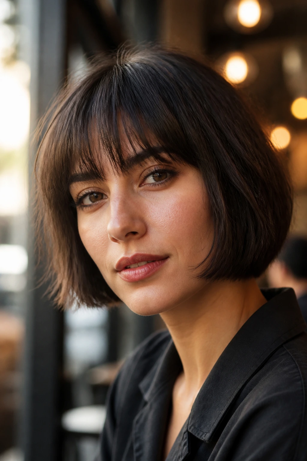 Portrait of a woman with fringe-focused French bob