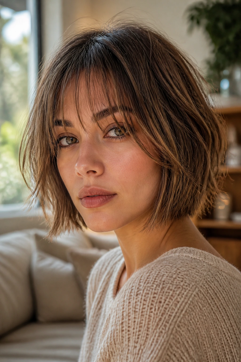 Real woman with see-through fringe and crown-forward volume in warm daylight