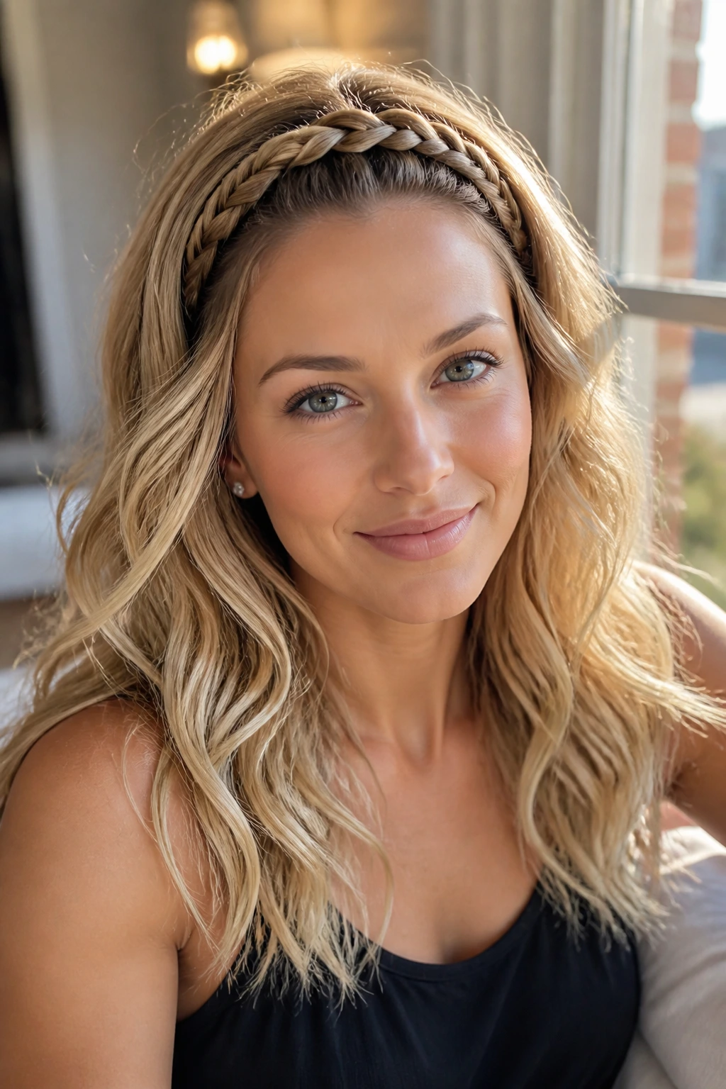 Portrait of a woman with a French braid headband and loose waves