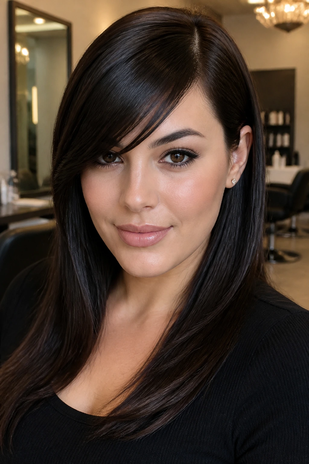 Close-up of a brunette woman with a deep side-part fringe in a polished salon setting