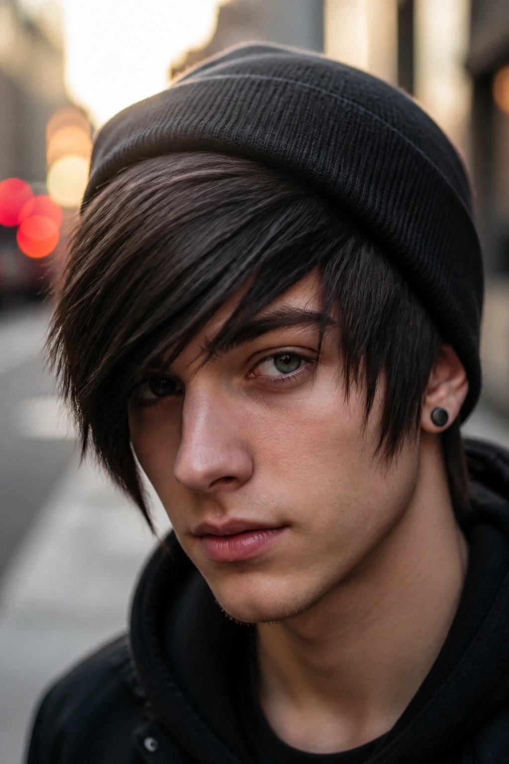 Close-up portrait of a real person with a swooping fringe under a skate cap in urban morning light