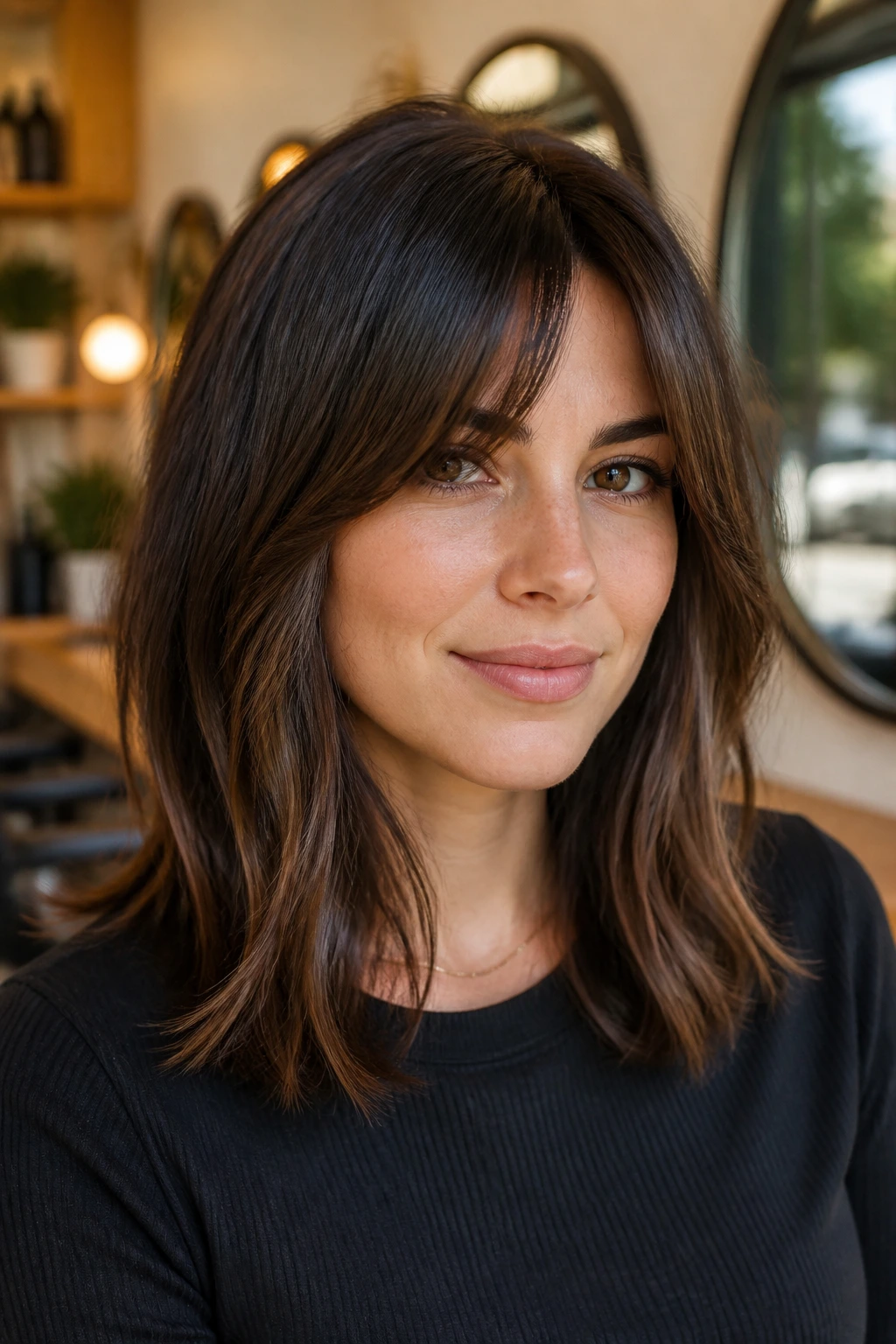 Close-up portrait of a woman with diagonal curtain fringe flattering a round face