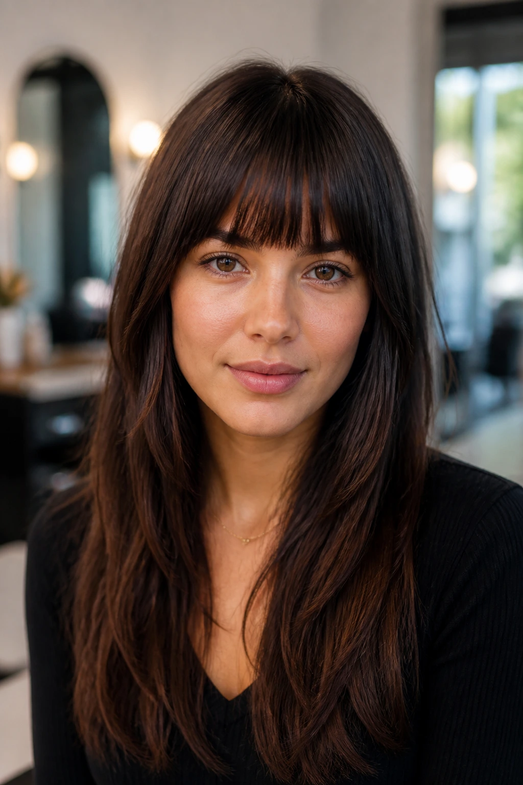 Close-up portrait of a real woman with dense fringe on an oval face