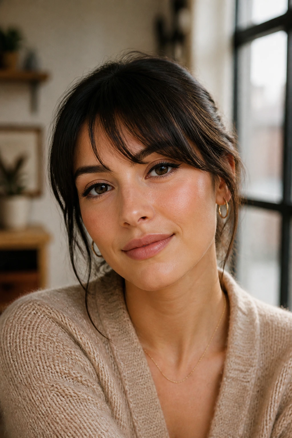 Close-up of a person with a fringe chosen for their face shape
