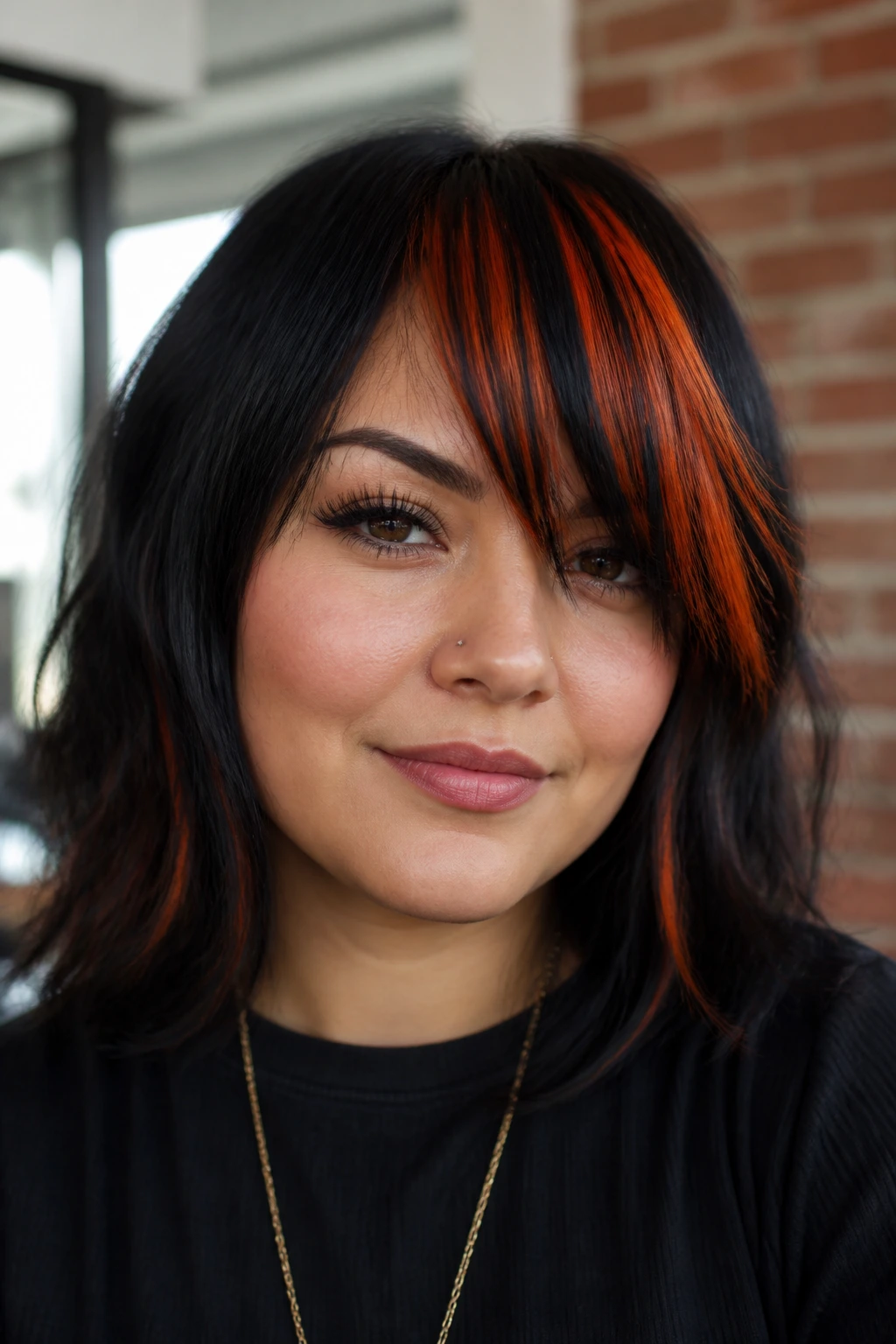 Close-up portrait of a real woman with a sharp fringe balancing a round face
