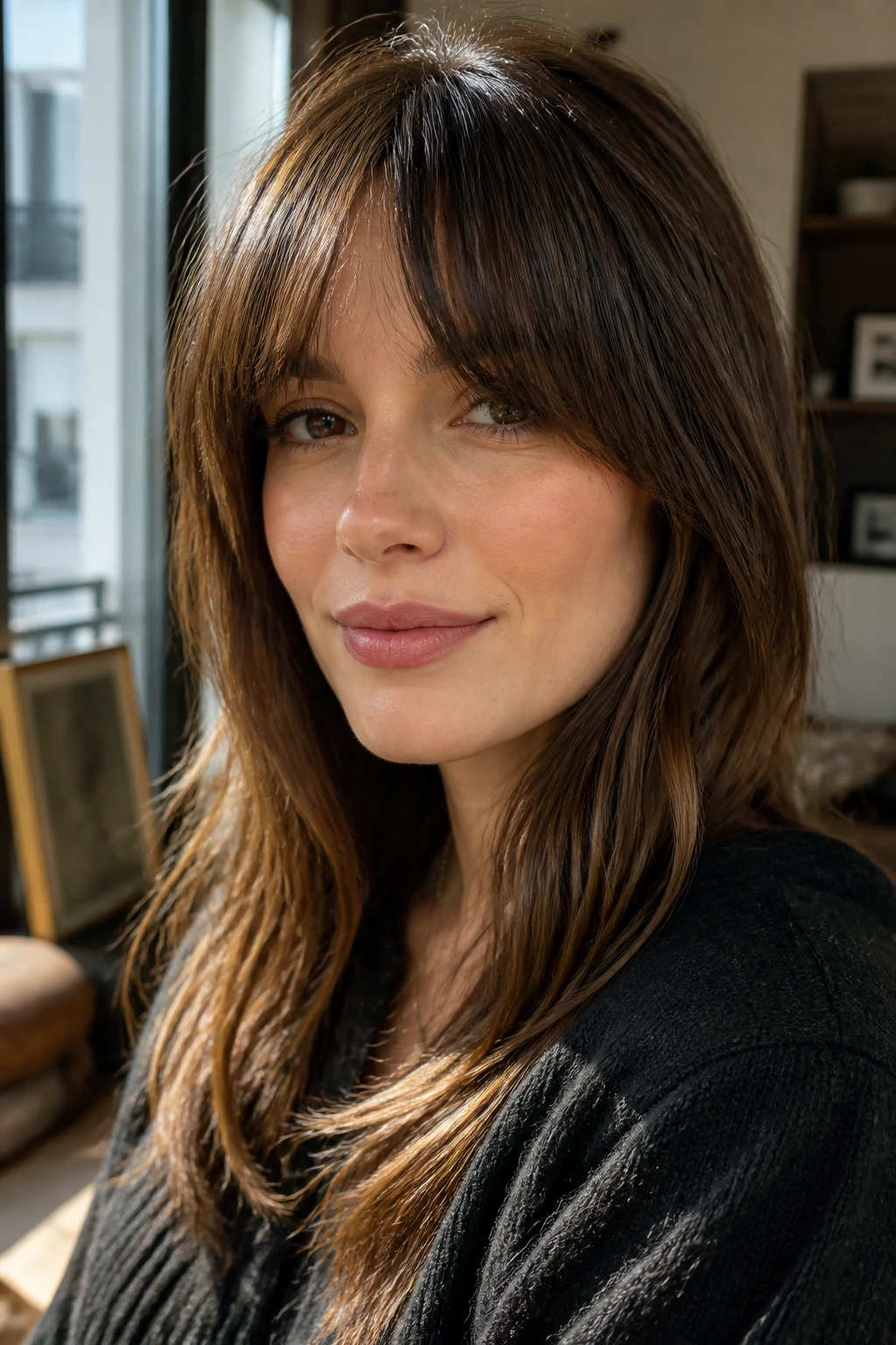 Real woman with thick airy fringe and center part in chic morning light