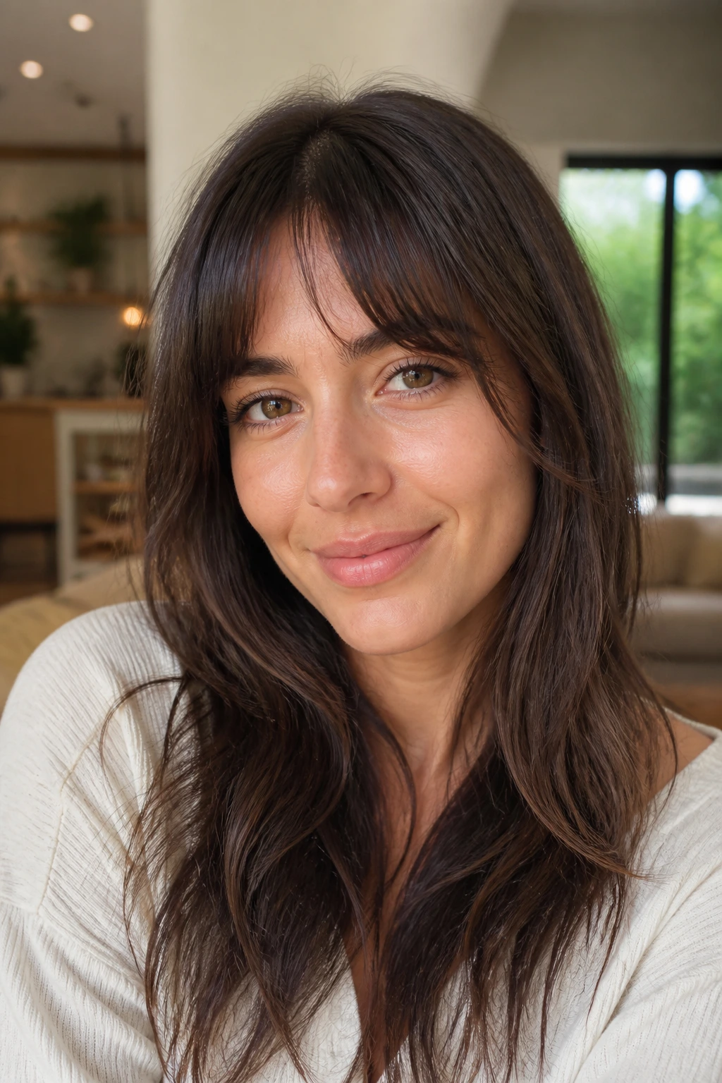 Close-up portrait of a woman with tapered airy French fringe revealing forehead