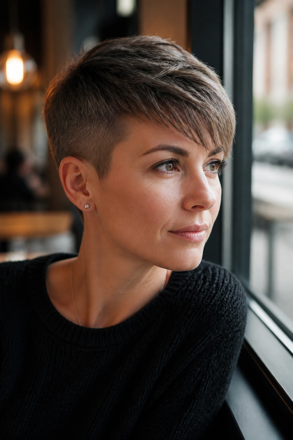 Portrait of a real woman with tight sides and brushed-forward fringe under natural window light.