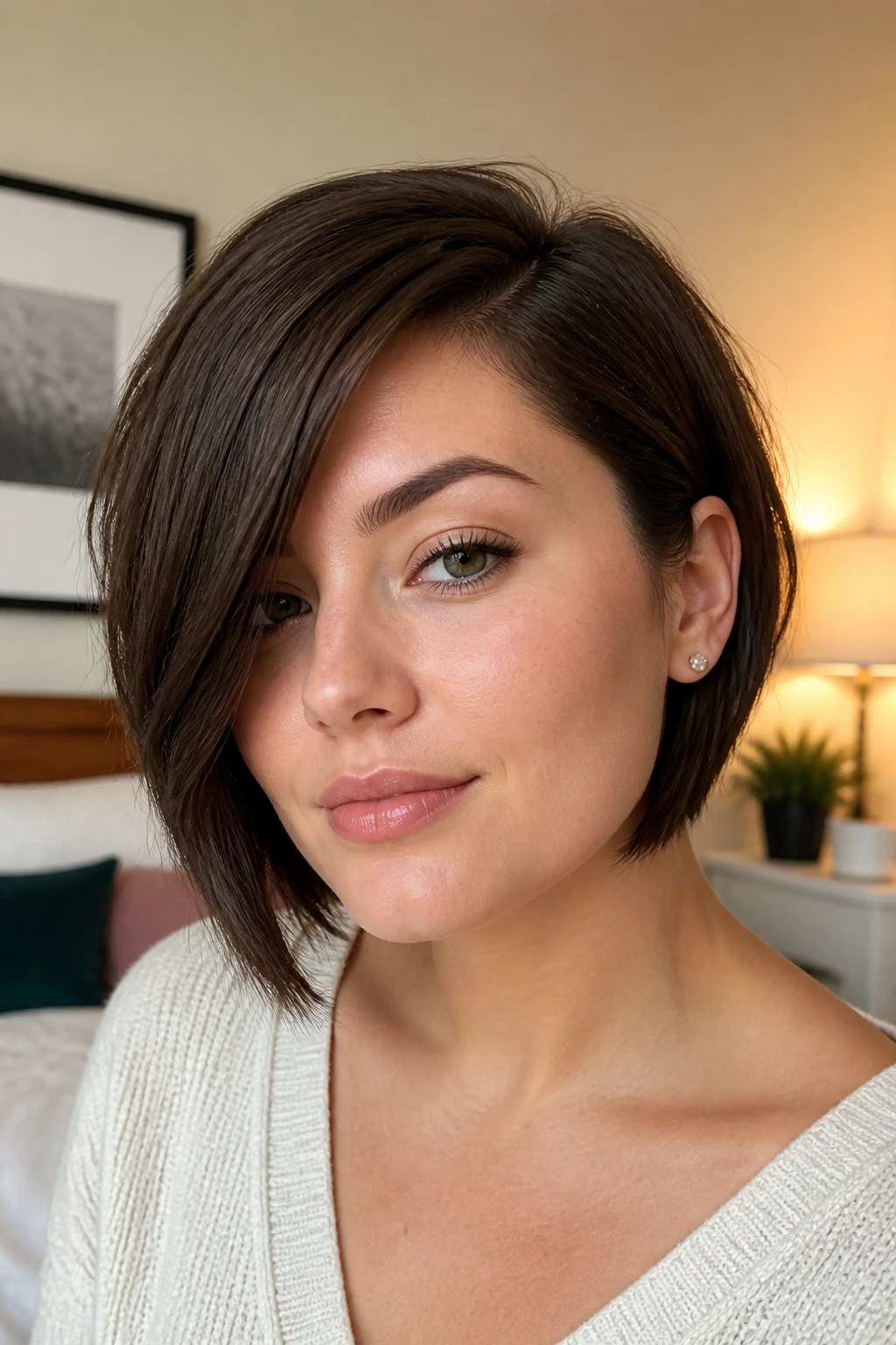 Close-up portrait showing a long diagonal fringe hitting the jawline on a round/square face with natural window light