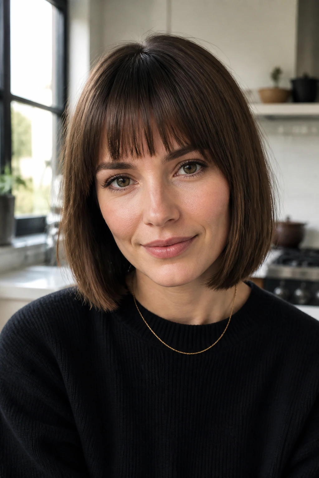 Close-up of point-cut fringe on blunt lob with sleek straight hair