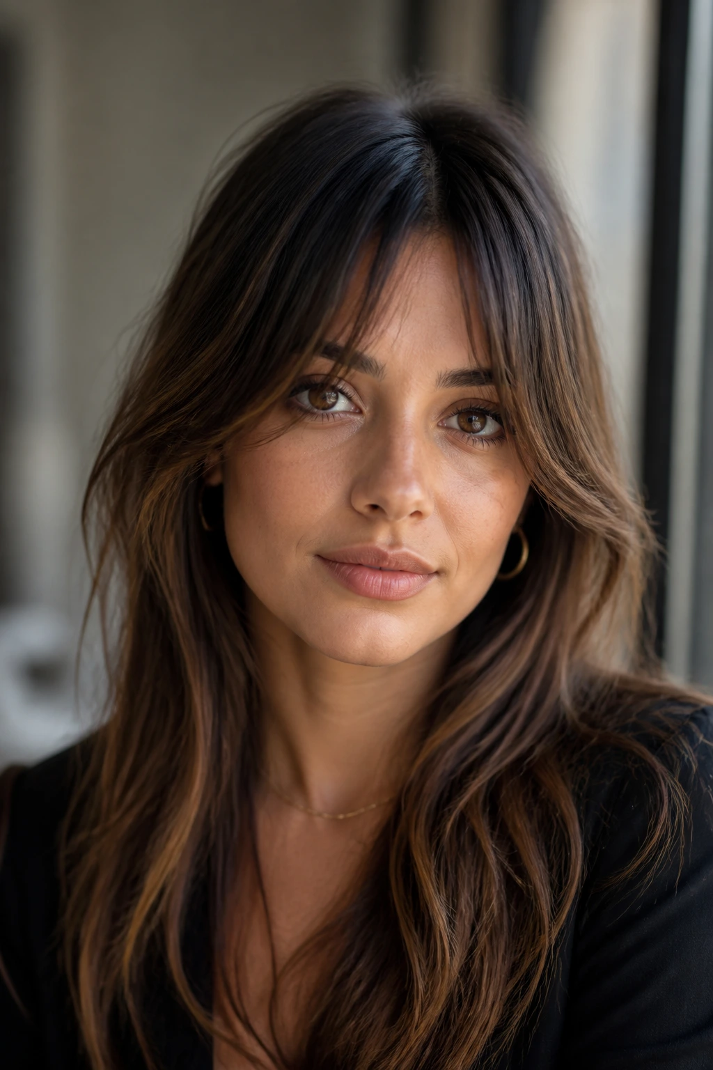 Real person with long bangs framing the face in natural light.