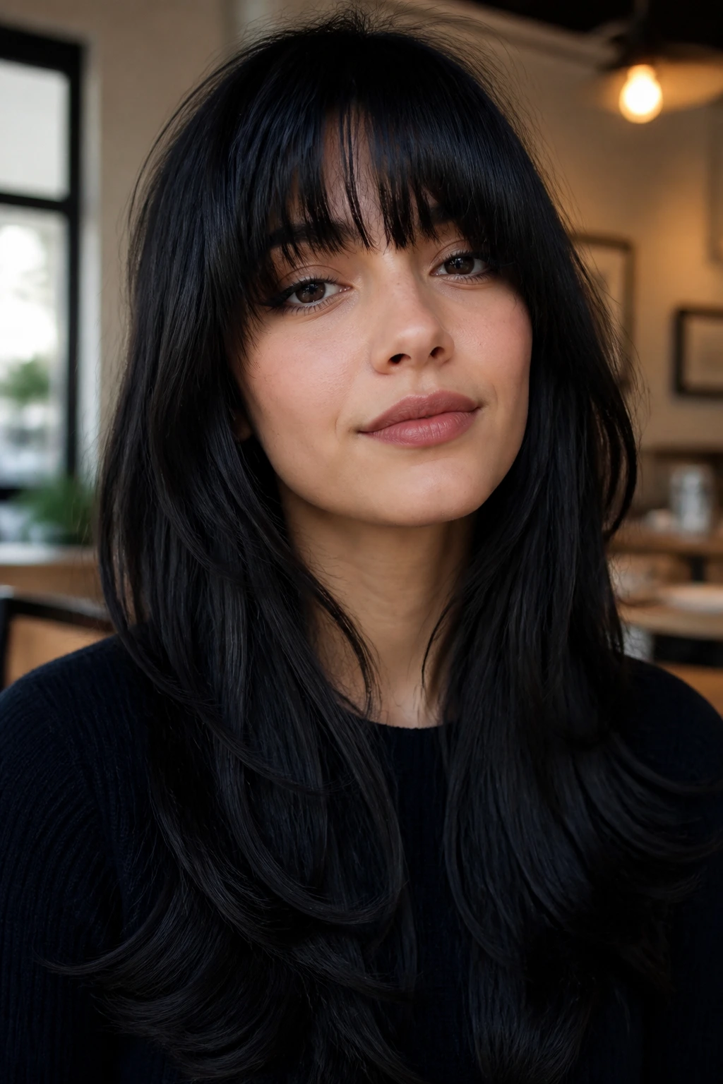Close-up of real woman's face with French girl fringe and long layers in black hair.
