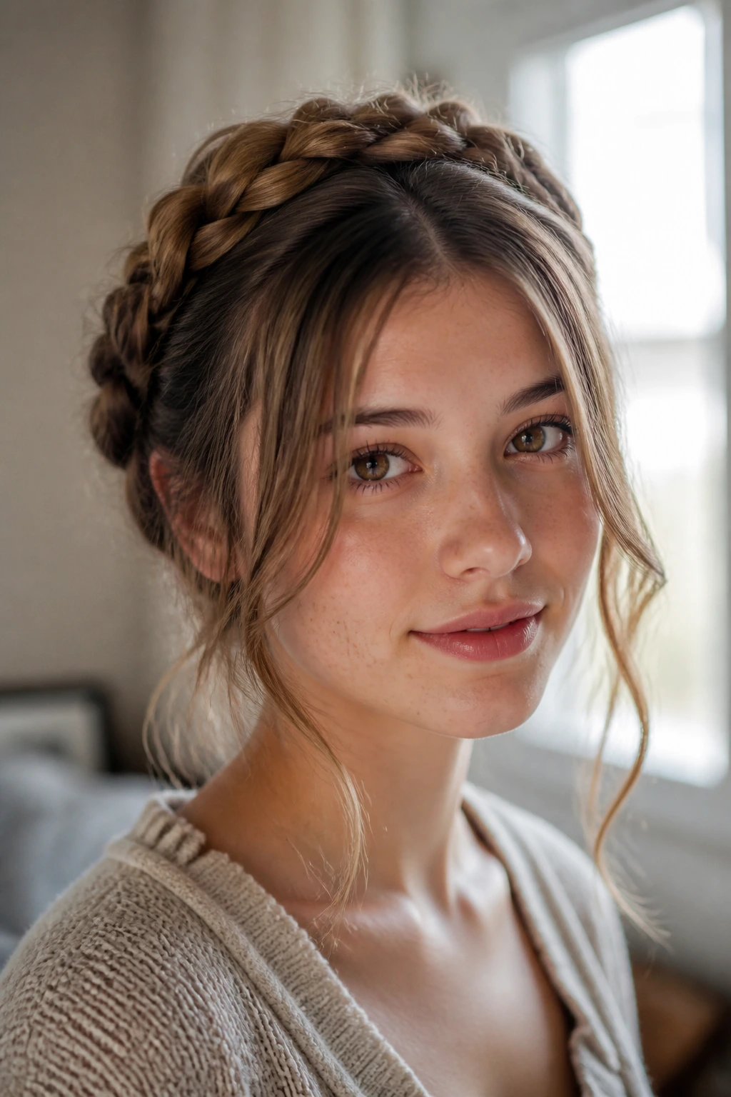 Close-up portrait of a person with a front-face framing fringe milkmaid look, soft window light.