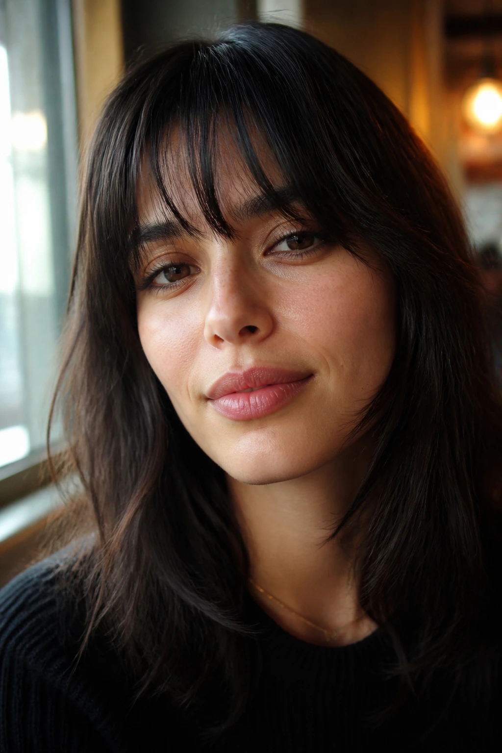Portrait of a real person with a French girl fringe and piece-y ends.