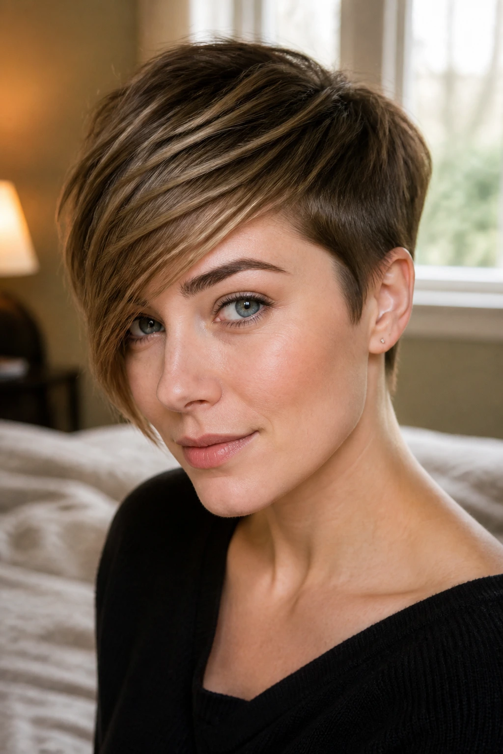 Portrait of a real person with a sideswept fringe pixie