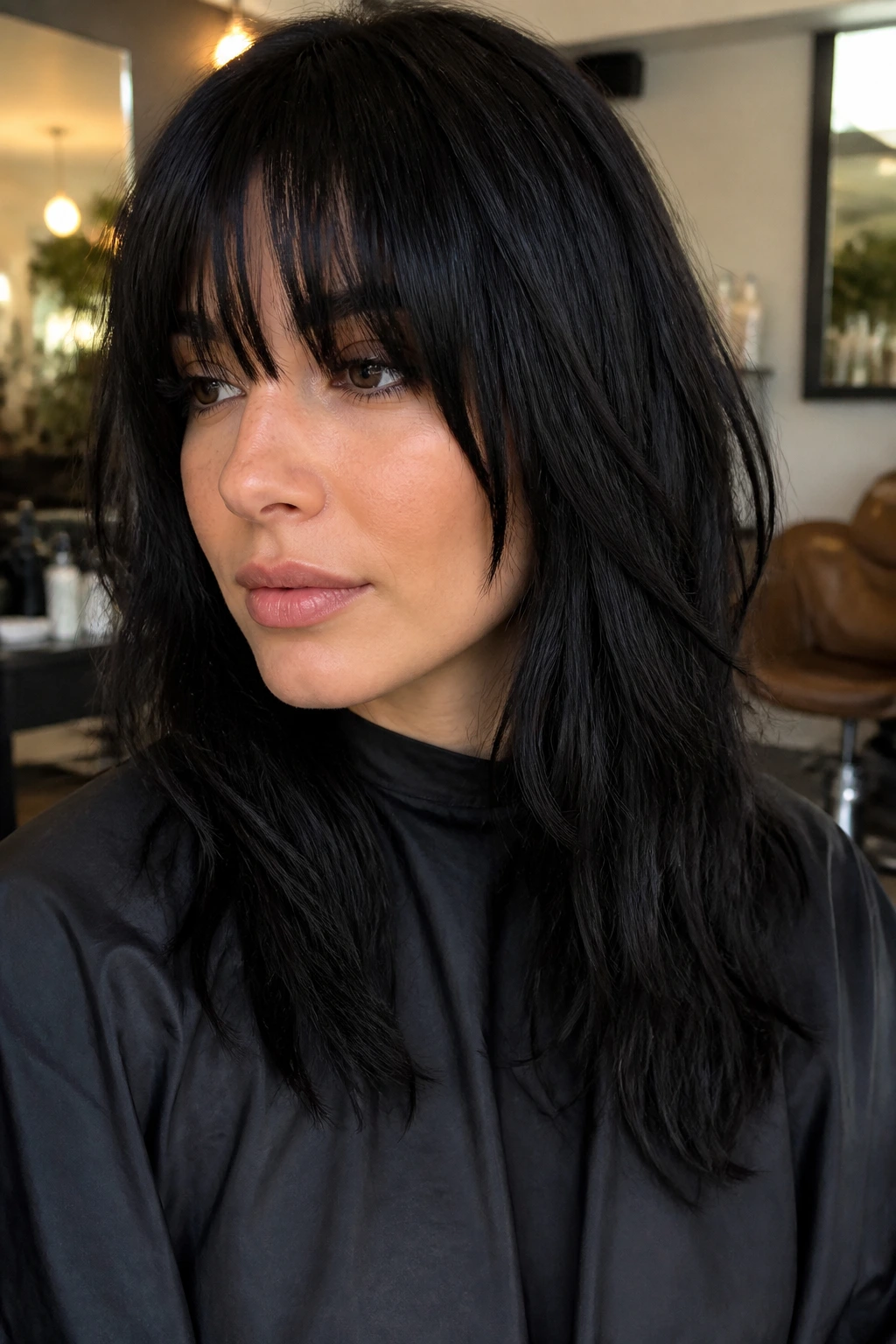 Close-up of a real woman with thick French fringe and shag layers in warm salon lighting