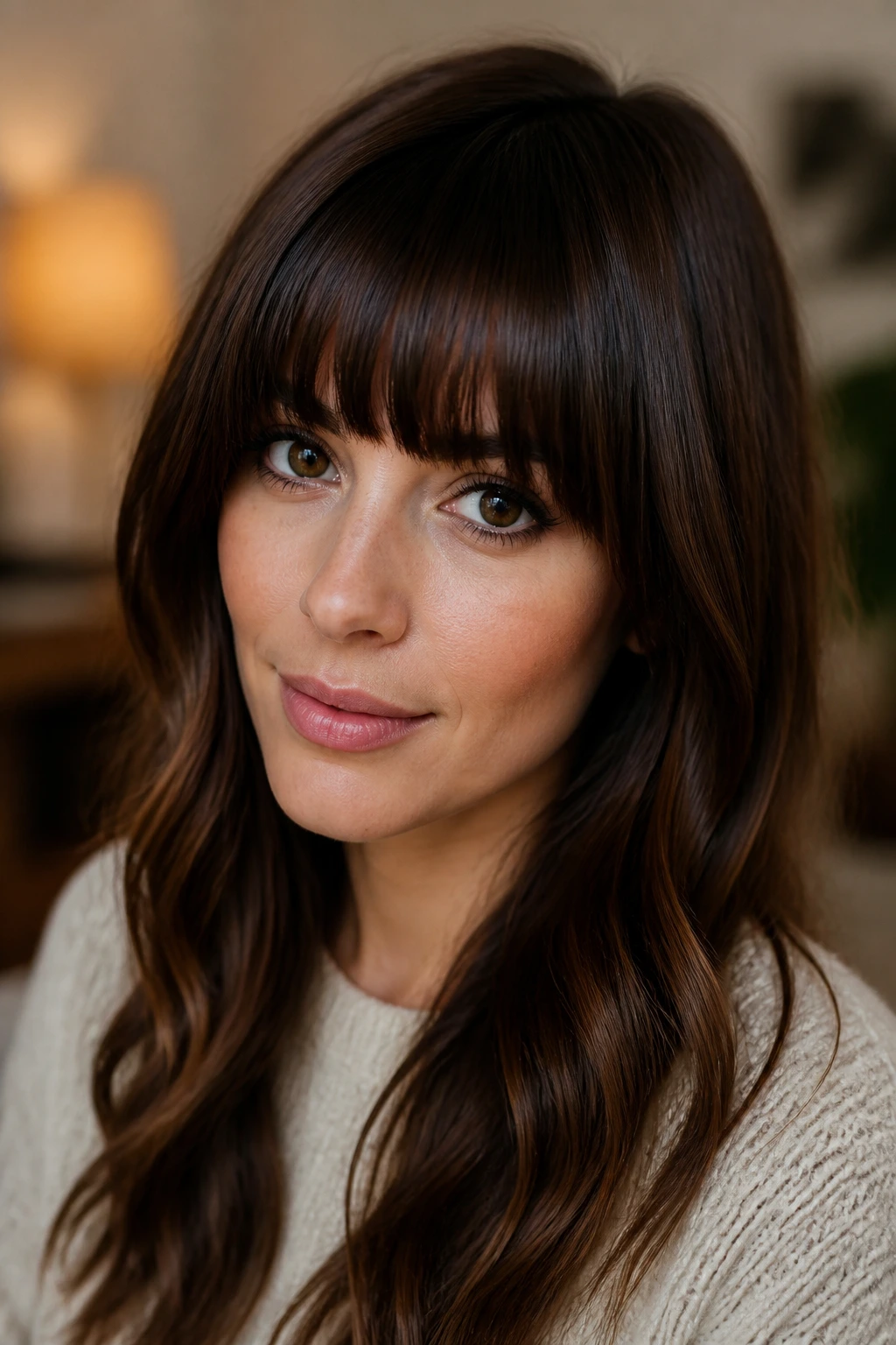 Close-up of a woman with freshly styled bangs in warm lighting