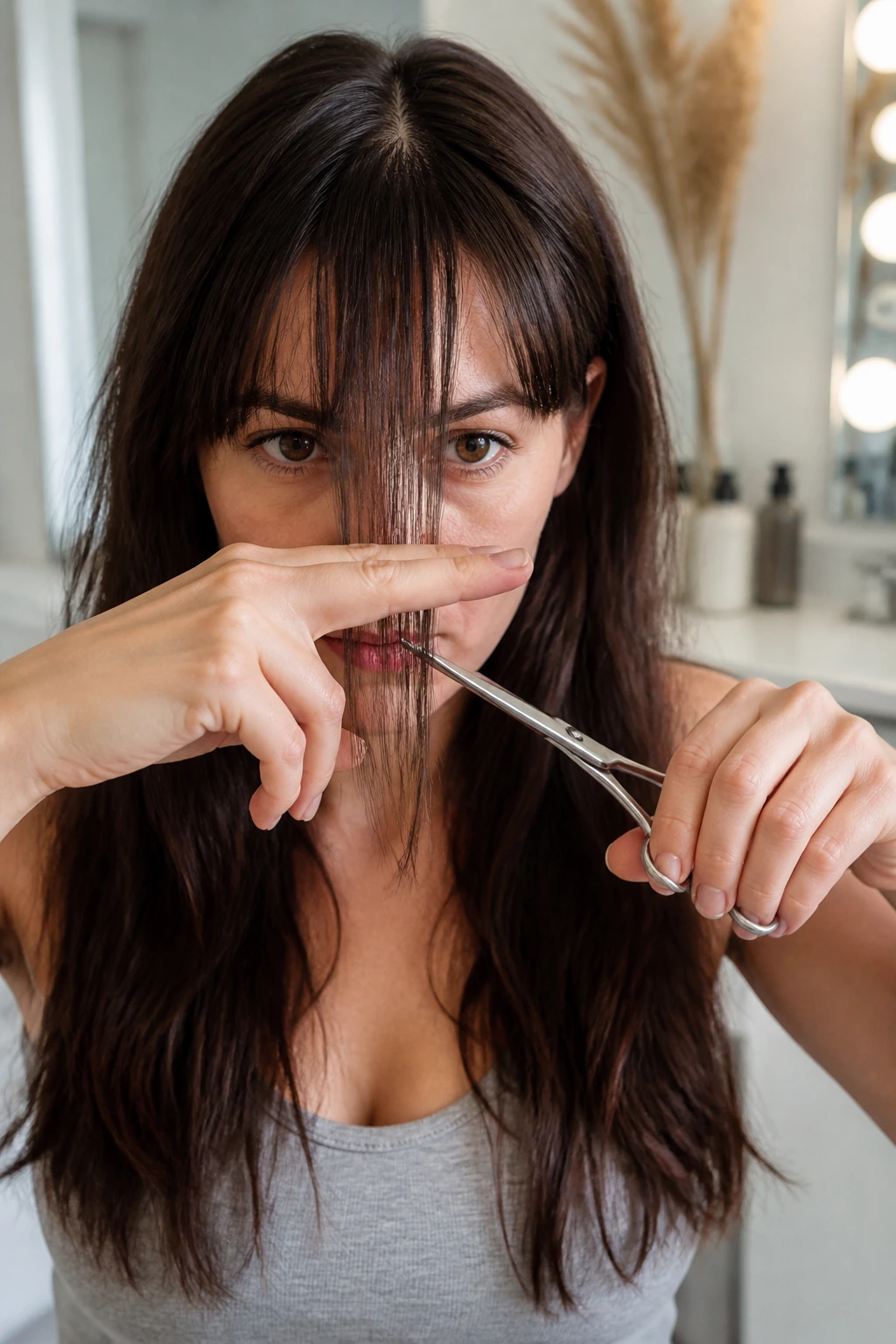 Close-up portrait showing two-finger tension on fringe during DIY trim