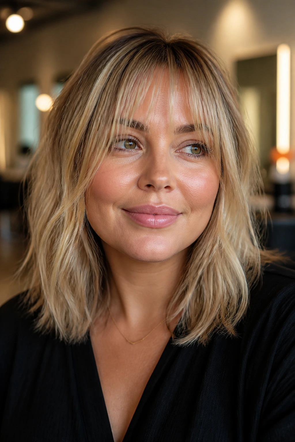 Close-up portrait of a woman with wispy fringe for a round face