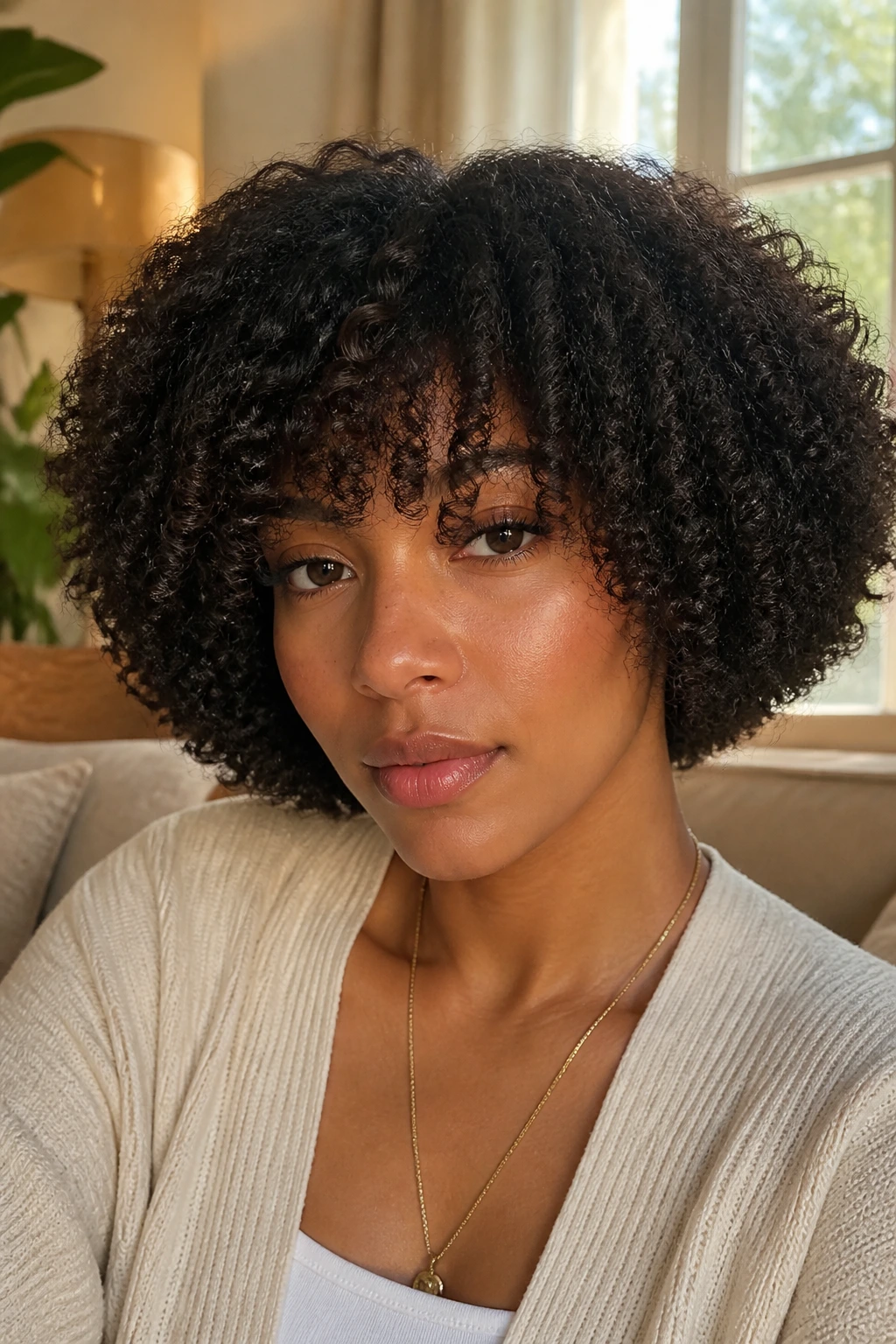 Close-up portrait of a woman with fringed Afro bob in a cozy living room