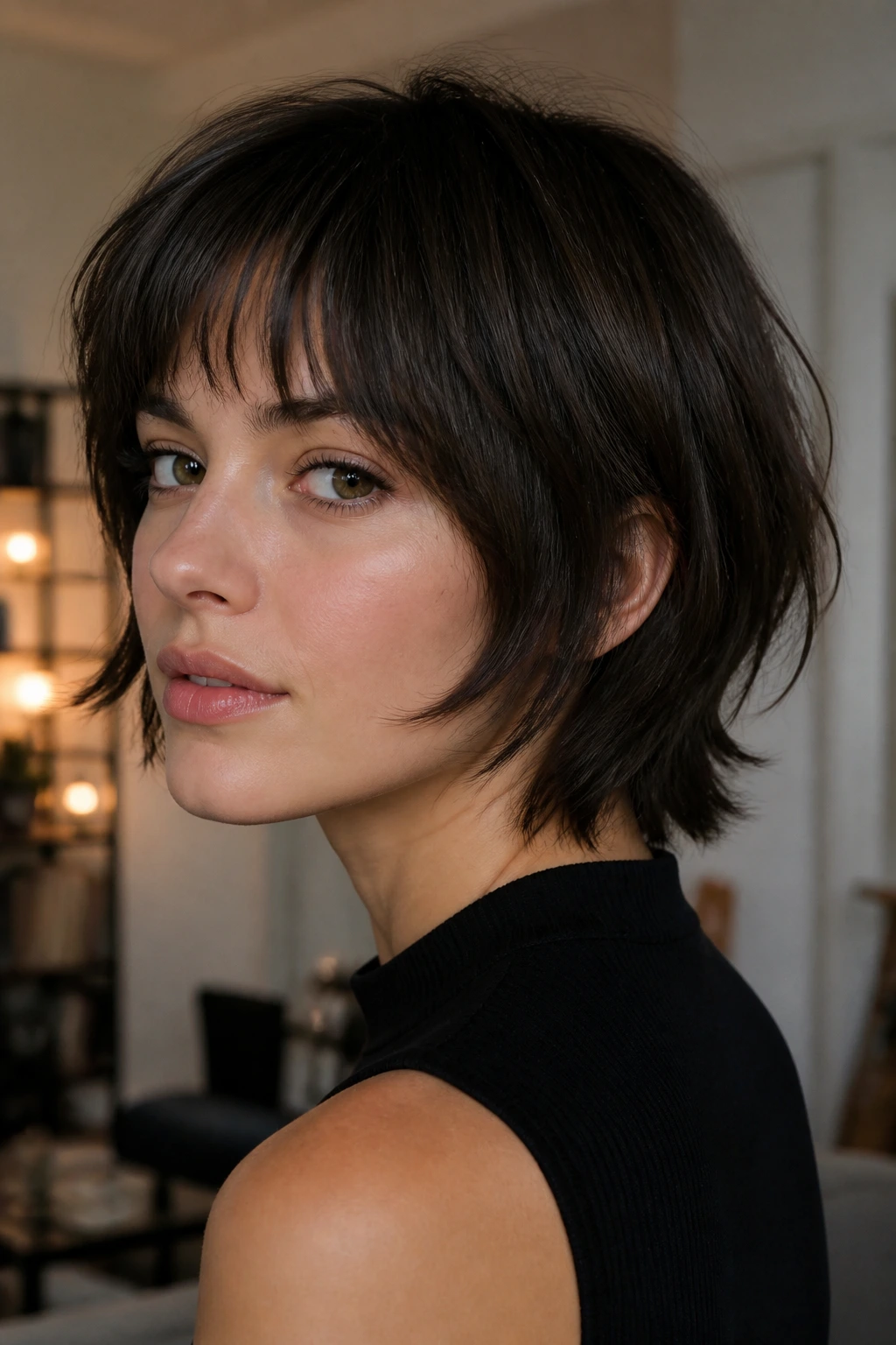 Close-up portrait of a real woman with fringed nape bob showing back fringe