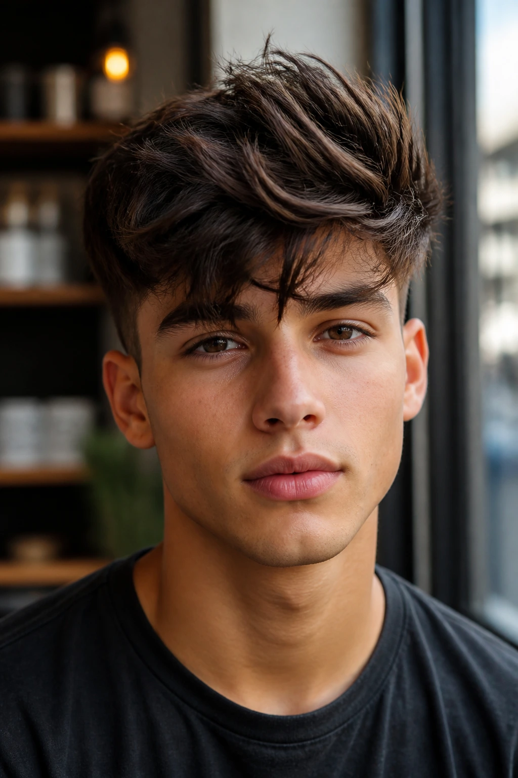 Close-up portrait of a real person with a fringed quiff in a cozy cafe setting
