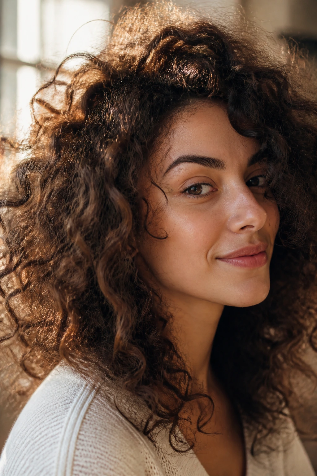 Close-up portrait of a real woman with natural curly hair and frizz
