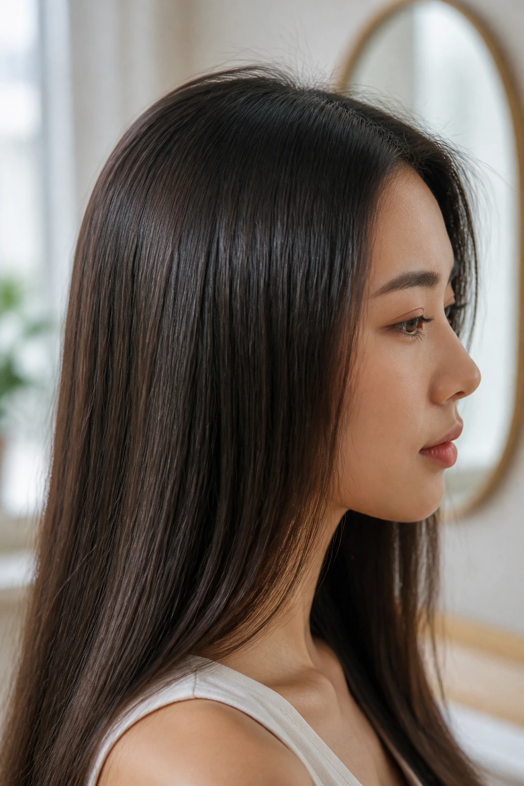 Close-up of a real person with sleek hair and minimal flyaways after heat styling