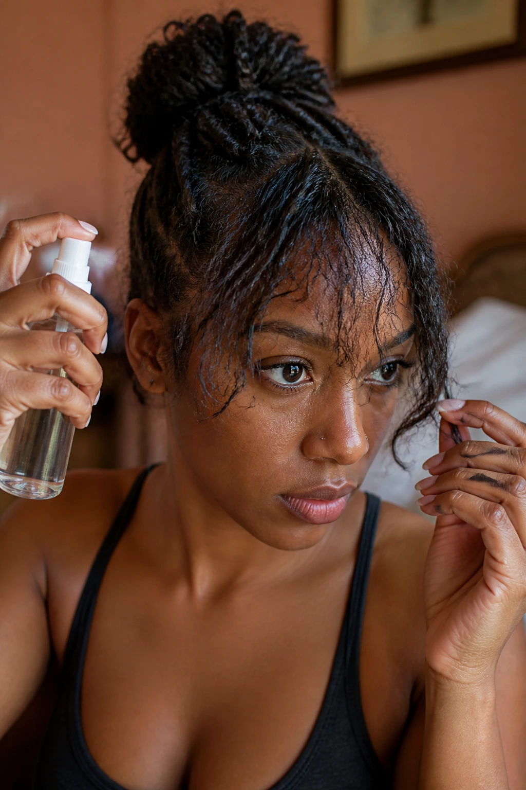 Close-up of a real person prepping frizz-free braids with conditioner on damp fringe