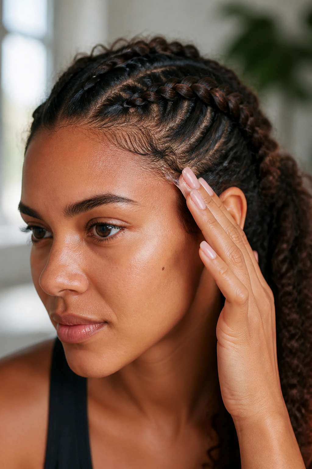 Close-up of fingers applying styling gel along hairline to prevent frizz halo