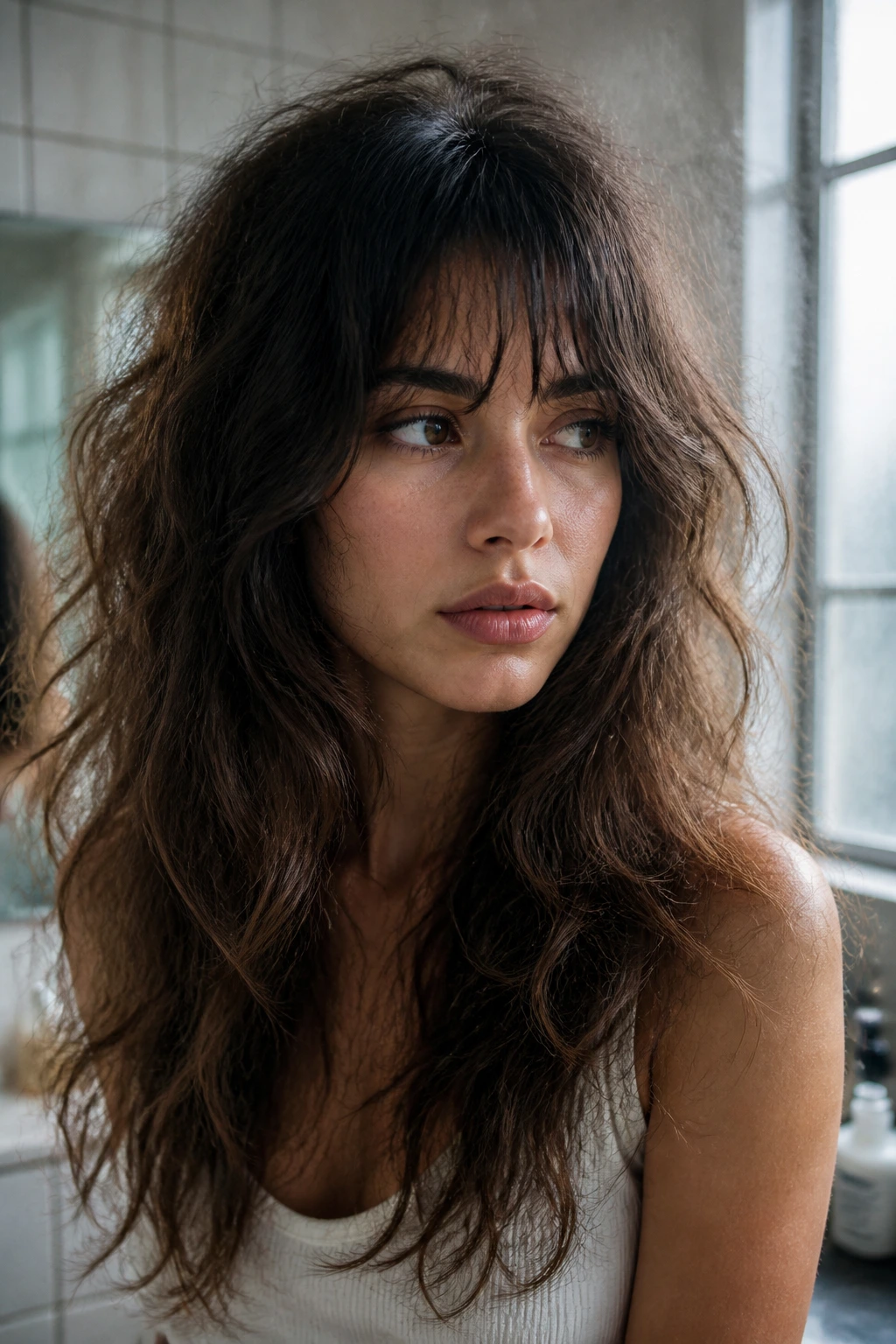 Close-up of frizzy, layered hair on a real woman in bathroom light